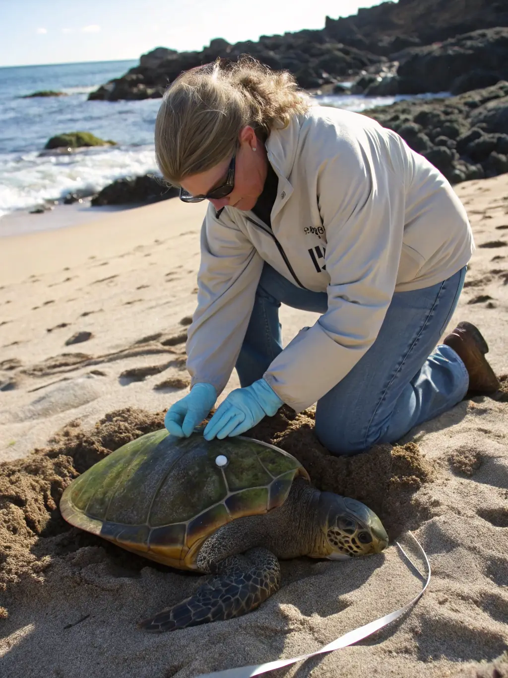 A scientist is tagging a sea turtle on a remote beach in the Galapagos Islands, with the ocean in the background.
