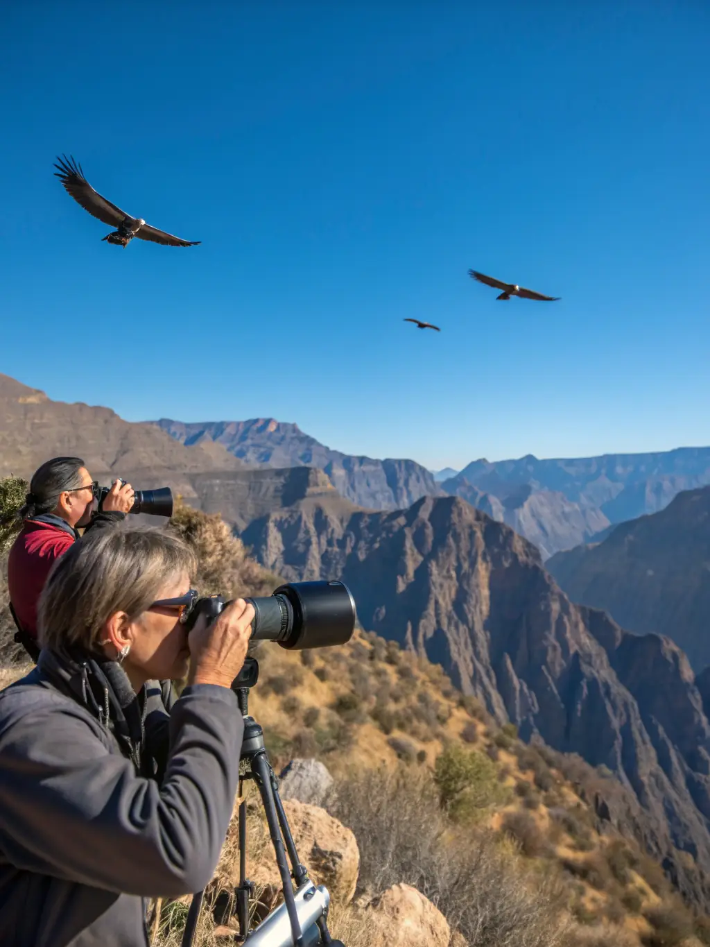 Researchers are observing Andean condors in their natural habitat in the Andes Mountains, using binoculars and monitoring equipment.