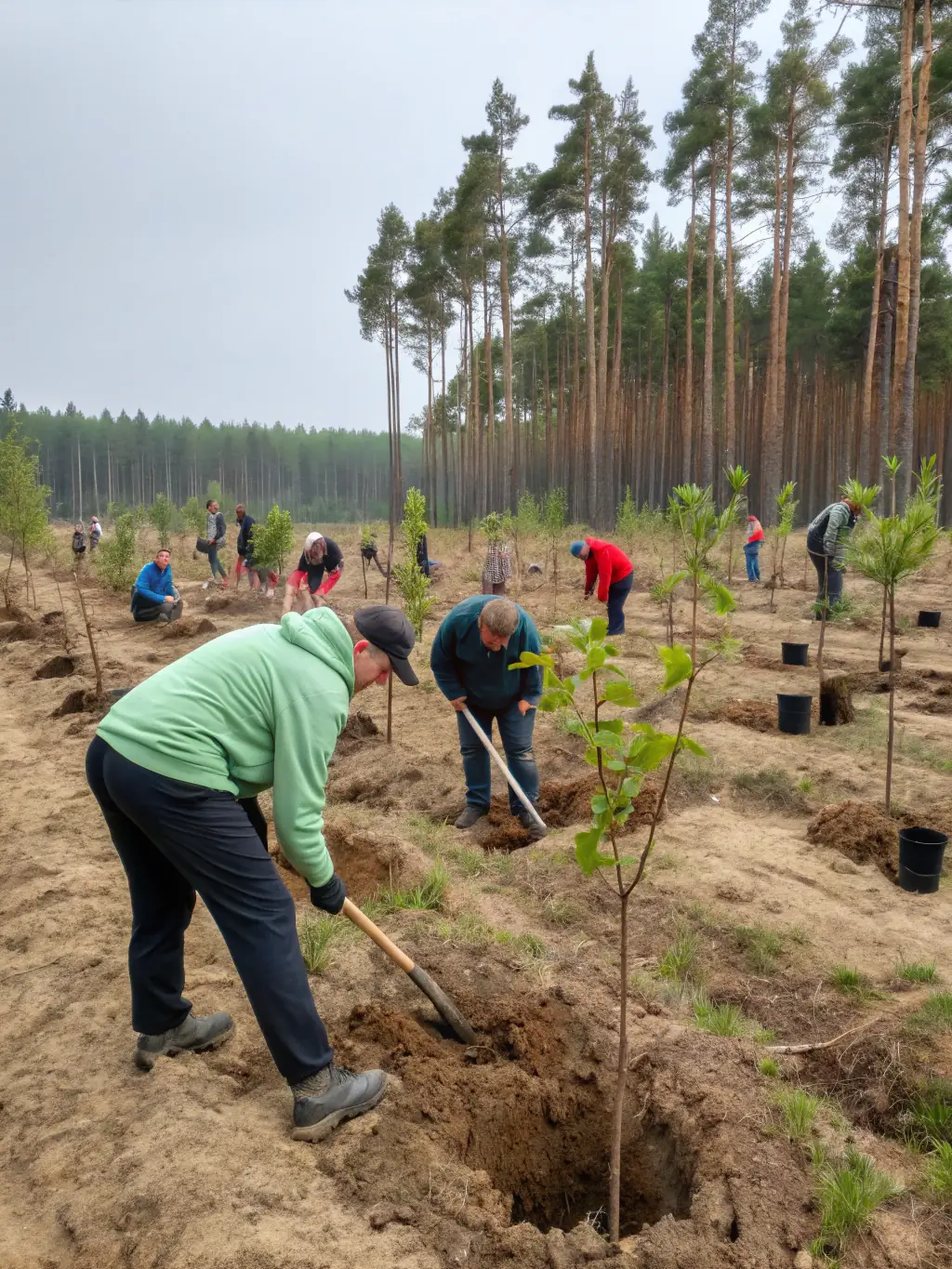Volunteers planting trees in a deforested area in Colombia, with a focus on reforestation efforts and community involvement.