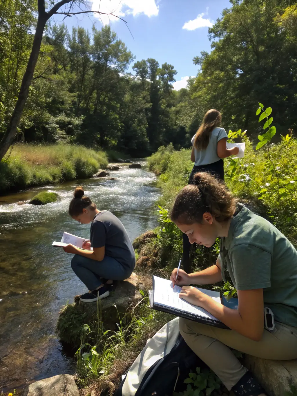 A group of scientists in the Amazon rainforest, collecting samples near a riverbank, with dense vegetation in the background, showcasing a biodiversity research expedition.