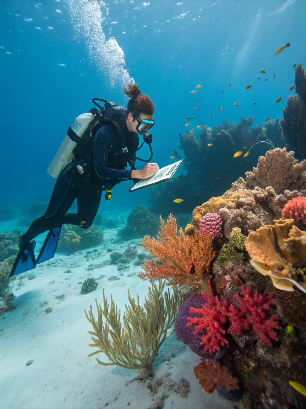 A researcher studying marine life on the coast of Chile, with the ocean and rocky shoreline visible, representing a marine conservation expedition.